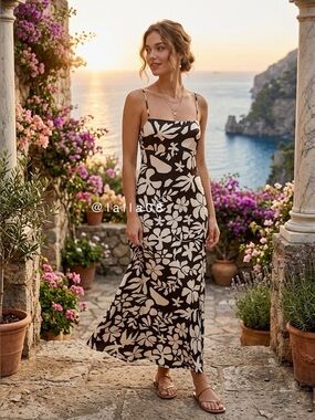 Paper Heart Anthropologie Brown & Cream Floral Maxi Dress